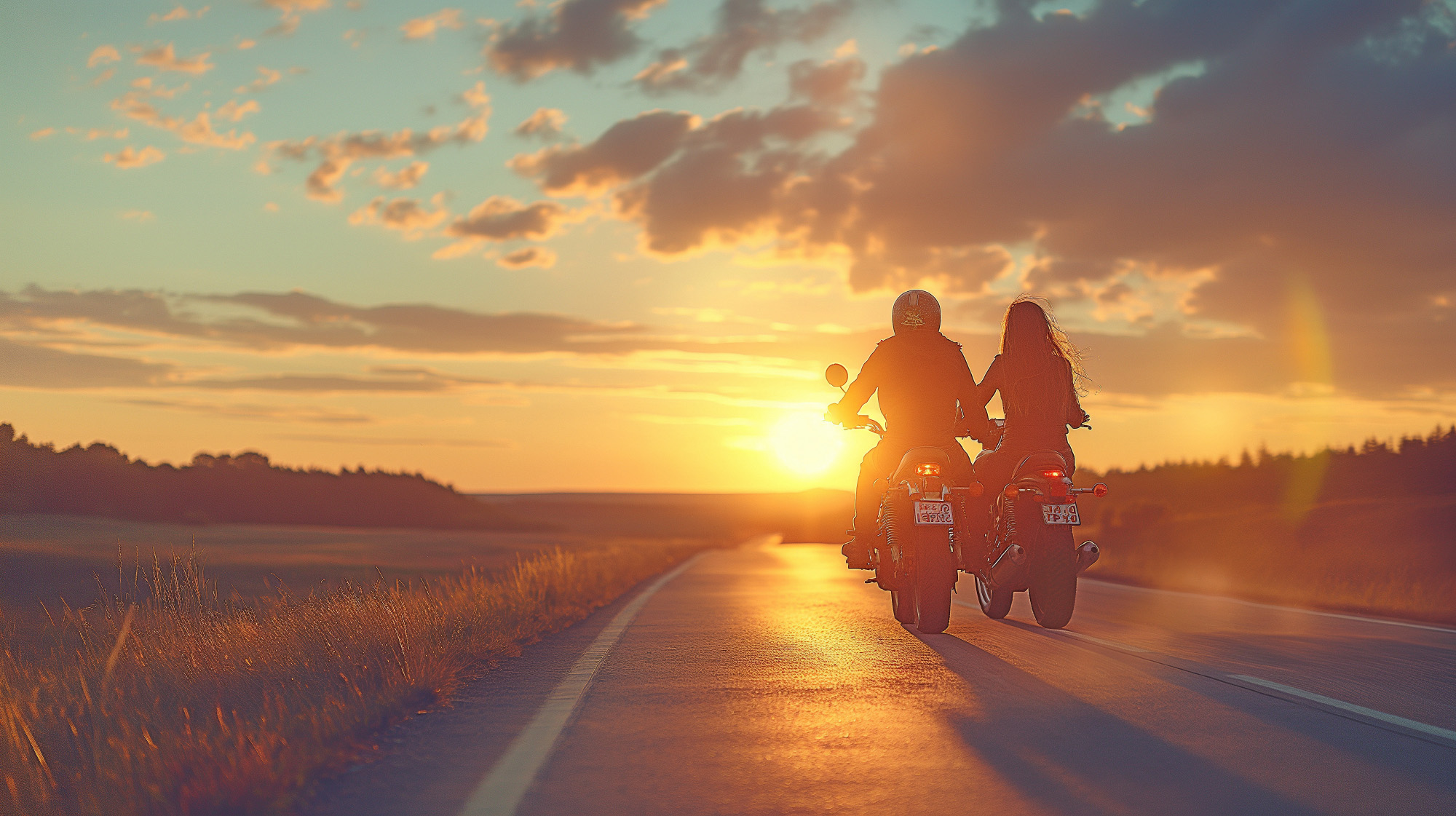 Un couple de motards roule sur une route de campagne, face à un coucher de soleil