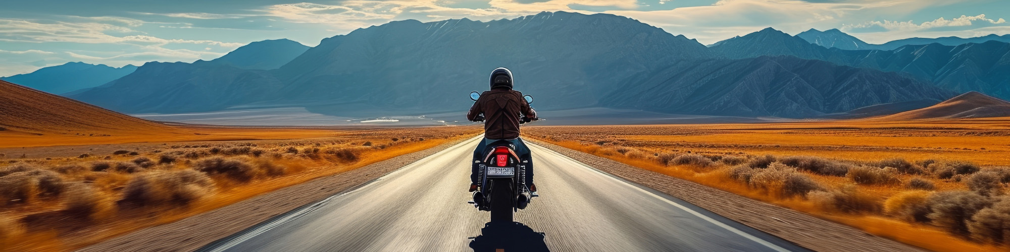 Un motard roule vers une montagne sur une route droite, face au soleil